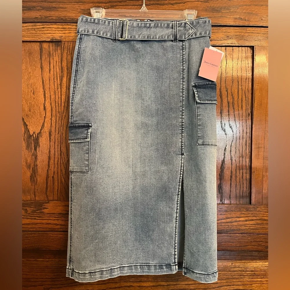 NWT Juicy Couture Belted Denim Front Slit Cargo Midi Skirt, 10/30